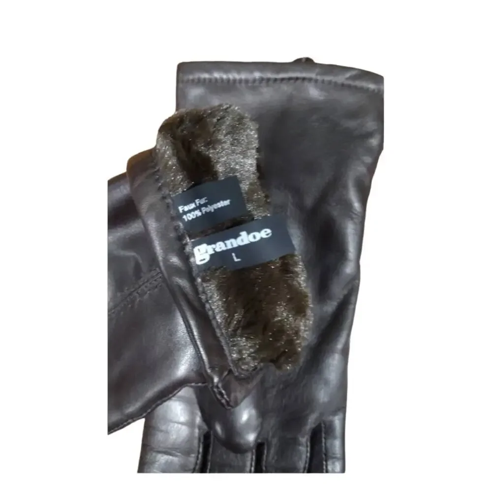 Grandoe Dark Brown Leather Gloves with Faux Fur Lining, Sz‎ L, NWOT
